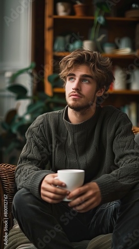 Thoughtful young man sitting with cup of coffee
