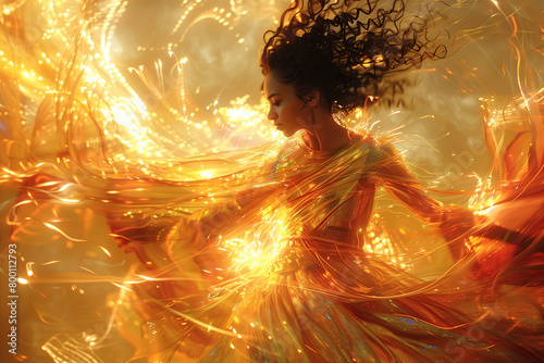 Mythology concept. Portrait of a young brunette woman as African goddess of Fire wearing cyberpunk dress over flaming golden background. Retrofuturism, vintage style. Close up. Outdoor shot