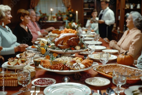 traditional Thanksgiving dinner food closeup. Festive table setting with turkey and pumpkins