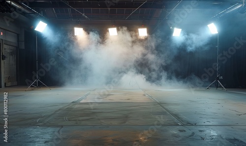 An empty studio with a cement floor, with floodlights above and smoke in the background photo