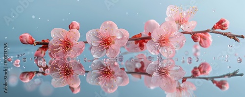 branch of pink cherry blossom on mirror reflecting the blue sky