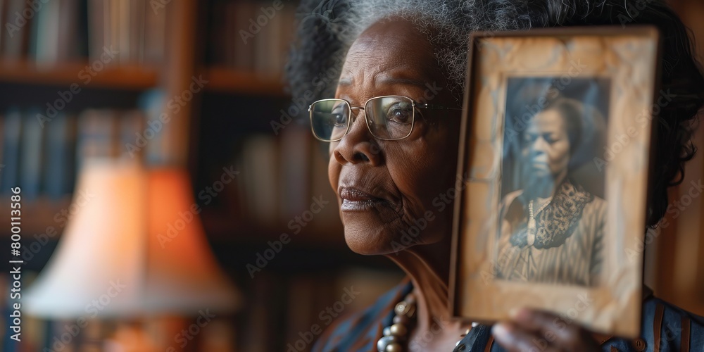 Image of senior black woman holding old photograph of her younger self
