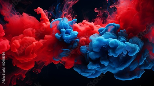  Envelop yourself in the captivating beauty of acrylic blue and red pigments swirling and dispersing in water, creating mesmerizing ink blots set against a mysterious black backdrop, each detail portr