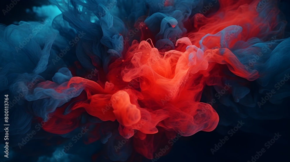Fototapeta premium Experience the dynamic interplay of acrylic blue and red hues merging in water, creating captivating ink blots that adorn an abstract black backdrop, each detail rendered with lifelike realism in HD 