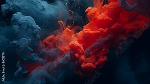  Experience the dynamic interplay of acrylic blue and red hues merging in water, creating captivating ink blots that adorn an abstract black backdrop, each detail rendered with lifelike realism in HD  photo