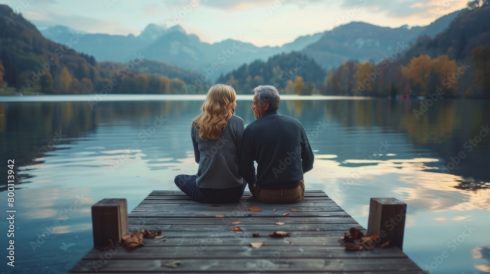 Couple on wooden port at lake on sunset. Couple on wooden port at lake on sunset.