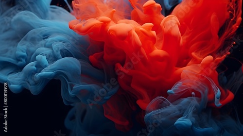  Immerse yourself in the fluid elegance of acrylic blue and red colors swirling gracefully in water, forming mesmerizing ink blots that contrast beautifully against a mysterious black background, all 