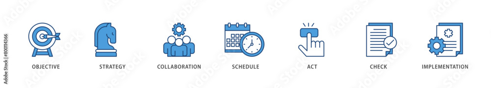 Action plan icons set collection illustration of objective, strategy, collaboration, schedule, act, launch, check, and implementation icon live stroke and easy to edit Action plan icons set collection illustration of objective, strategy, collaboration, schedule, act, launch, check, and implementation icon live stroke and easy to edit