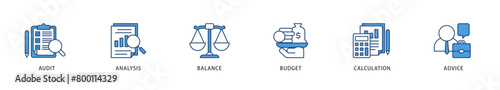 Accounting icons set collection illustration of audit, analysis, balance, budget, calculation, and advice icon live stroke and easy to edit 