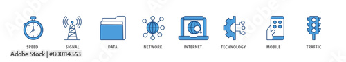 5G icons set collection illustration of speed, signal, data, network, internet, technology, mobile and traffic icon live stroke and easy to edit 