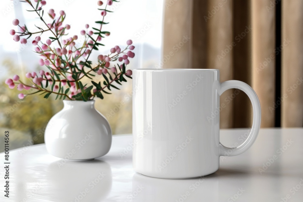White Blank Mug Mockup in Photographic Scene created with Generative AI