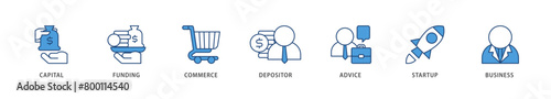 Angel investor icons set collection illustration of capital, funding, commerce, depositor, advice, startup and business icon live stroke and easy to edit 
