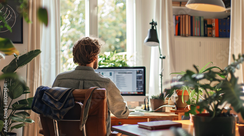 mann in heimarbeit im eigenen büro zuhause vor dem monitor photo