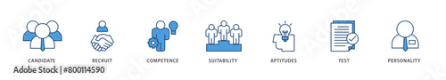 Assessment icons set collection illustration of user candidate, recruit, competence, suitability, aptitudes, test and personality icon live stroke and easy to edit 