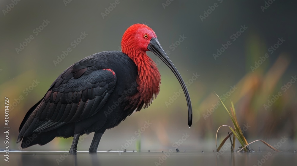Naklejka premium Elegant scarlet faced ibis bird portrait in golden hour serenity of a tranquil marshland