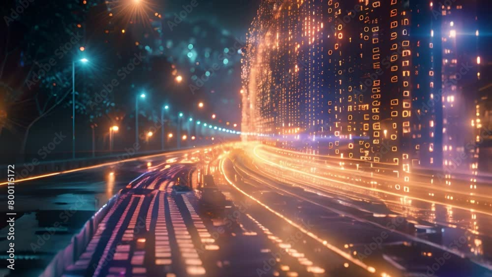 Digital Data Stream Flowing Along a Highway at Night Digital Data Stream Flowing Along a Highway at Night