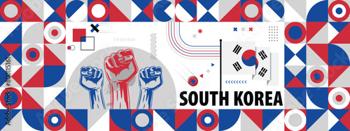 Flag and map of South Korea with raised fists. National day or Independence day design for Counrty celebration. Modern retro design with abstract icons. Vector illustration.