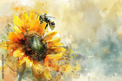 Generative AI illustration of a bee on sunflower in aquarelle style. photo