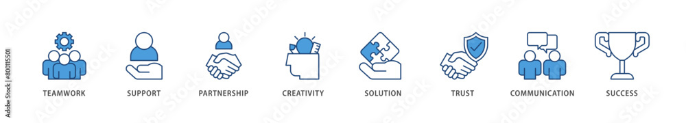 Collaboration icons set collection illustration of teamwork, support, partnership, creativity, solution, trust, communication, success icon live stroke and easy to edit 