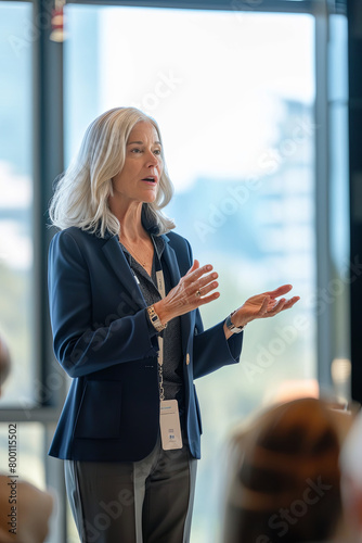 A seasoned female executive, over the age of 50, delivering a presentation at a technology conference, showcasing her expertise and leadership photo