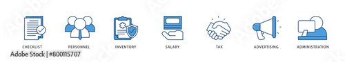 Cost reduction icons set collection illustration of checklist, personnel, inventory, salary, tax, advertising and administration icon live stroke and easy to edit 