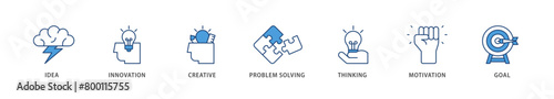 Creativity icons set collection illustration of idea, innovation, creative, problem solving, thinking, motivation, goal icon live stroke and easy to edit 