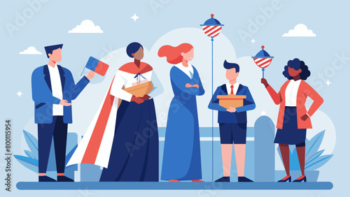 The judges dressed in patriotic attire closely observing the kite flying techniques and creativity of the participants ready to award the winners with. Vector illustration