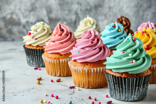 A series of soft and spongy cupcakes made with cricket flour, decorated with colorful frosting and lined up on a light surface, representing a sweet ecological revolution
