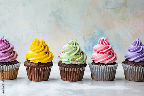 A series of soft and spongy cupcakes made with cricket flour, decorated with colorful frosting and lined up on a light surface, representing a sweet ecological revolution