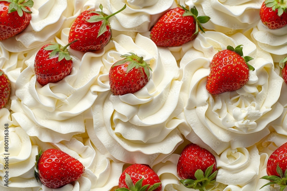 Top view close up of luscious strawberries with dollop of cream for enticing food photography Top view close up of luscious strawberries with dollop of cream for enticing food photography