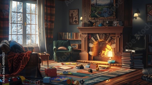 A cozy family room with a crackling fireplace and scattered board games, evoking warmth and togetherness on International Day of Families photo