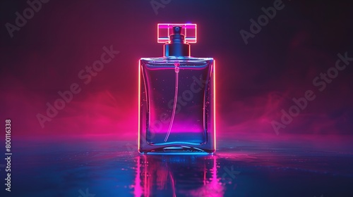 A close shot of a perfume bottle mockup over a vibrant pink purple neon light backdrop with a big space for text or product advertisement background, Generative AI. © Noobs