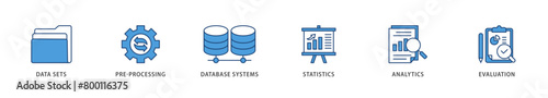Data mining icons set collection illustration of data sets, pre processing, database systems, statistics, analytics and evaluation icon live stroke and easy to edit 