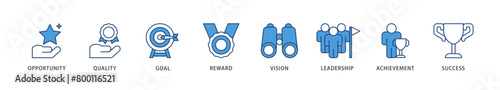 Encourage icons set collection illustration of opportunity, quality, goal, reward, vision, leadership, achievement, success icon live stroke and easy to edit 