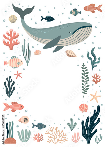 Under the sea theme invitation card with underwater life. Vector frame. Baby shower under the sea theme template background
