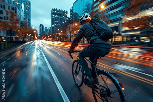 Cyclist cruising down an urban road at twilight