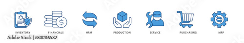 ERP icons set collection illustration of inventory, financials, hrm, production, service, purchasing, and mrp icon live stroke and easy to edit 