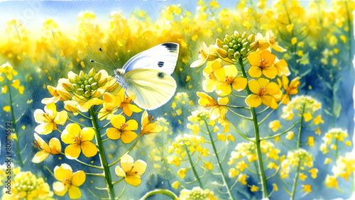 菜花に止まるモンシロチョウの水彩画イラスト：Watercolor illustration of monarch butterfly (cabbage butterfly,Pieris rapae)perching on rape blossoms(canola flower) photo