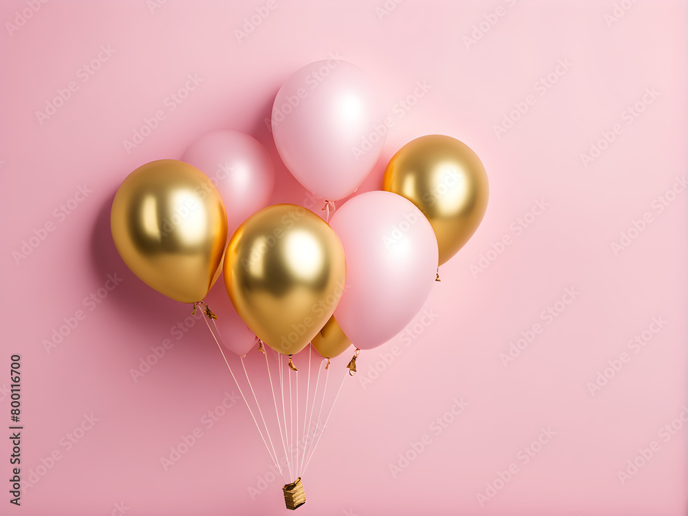 Gold and pink balloons on pink walls, used for product displays, holiday celebrations, Christmas and New Year, leaving blank space for text Gold and pink balloons on pink walls, used for product displays, holiday celebrations, Christmas and New Year, leaving blank space for text