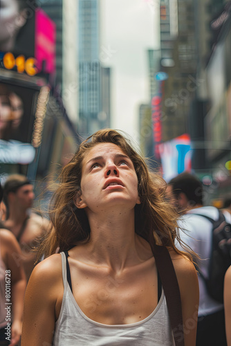 A woman experiencing a panic attack in a crowded public space, symbolizing the challenges of mental health, solitude, and fear amidst the bustling city life photo