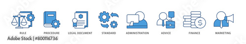 Guideline icons set collection illustration of rule, procedure, legal document, standard, administration, advice, finance, marketing icon live stroke and easy to edit 