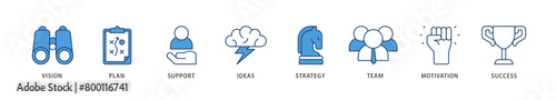 Goals icons set collection illustration of vision, plan, support, ideas, strategy, team, motivation, and success icon live stroke and easy to edit 