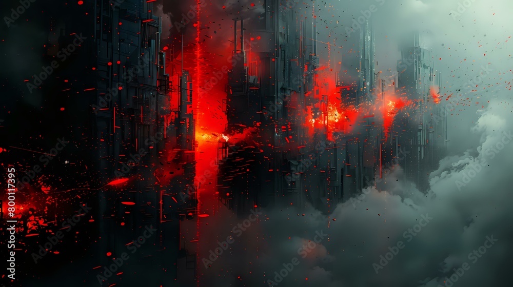 Cybernetic Cityscape: Abstract Artwork with Angular Forms and Luminous Red Accents