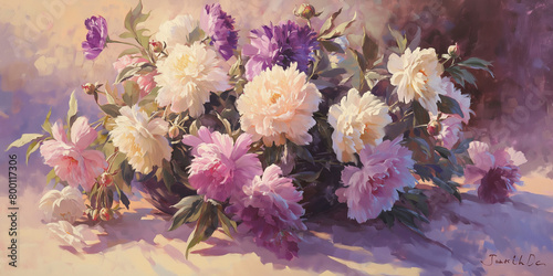 Wallpaper Mural Soft pastel oil painting of abundant pink and purple peonies in a classic vase. Artistic floral display with gentle lighting. Romantic and vintage decor concept for design and print Torontodigital.ca