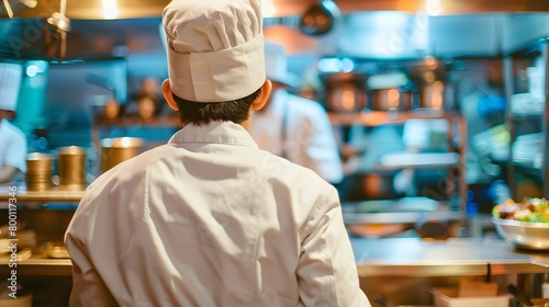 male chef backview working on a kitchen of a restaurant