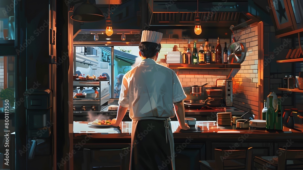 male chef backview working on a kitchen of a restaurant male chef backview working on a kitchen of a restaurant