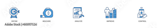 Lean six sigma icons set collection illustration of define, measure, analyze, improve, and control icon live stroke and easy to edit 