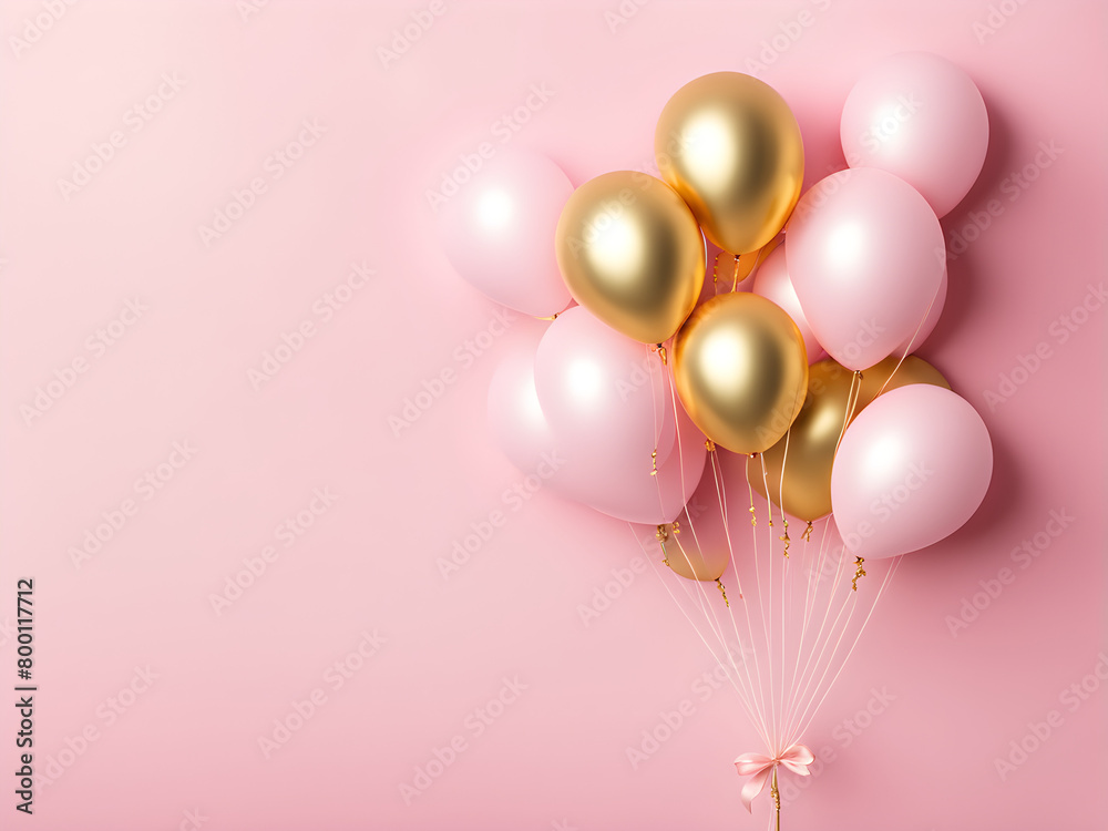 Gold and pink balloons on pink walls, used for product displays, holiday celebrations, Christmas and New Year, leaving blank space for text