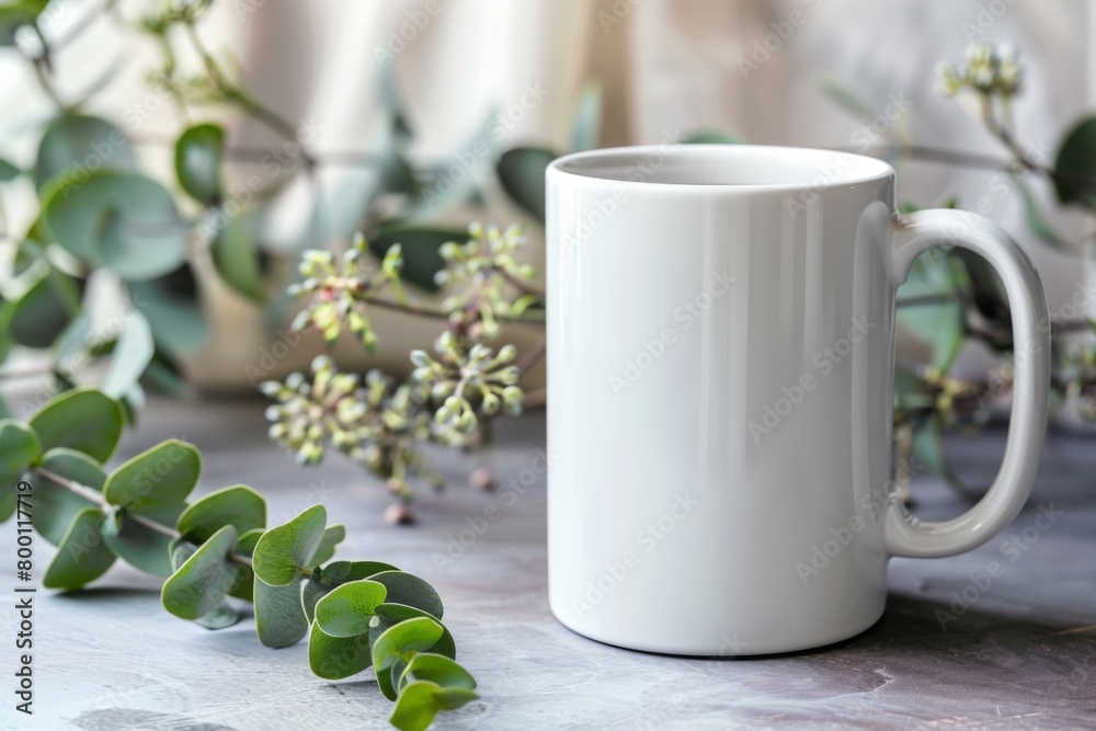 White Blank Mug Mockup in Photographic Scene created with Generative AI White Blank Mug Mockup in Photographic Scene created with Generative AI