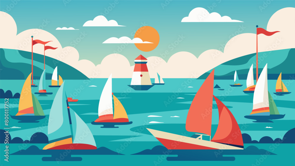 The gentle wind carries the sound of buoy bells and the fluttering of flags as the boats make their way through the regatta course.. Vector illustration